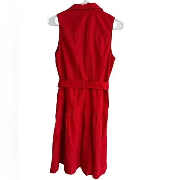 J. Crew Red Cotton Button Down Collar Pockets Sleeveless Belted Tiered Dress- 6 - Picture 4 of 11
